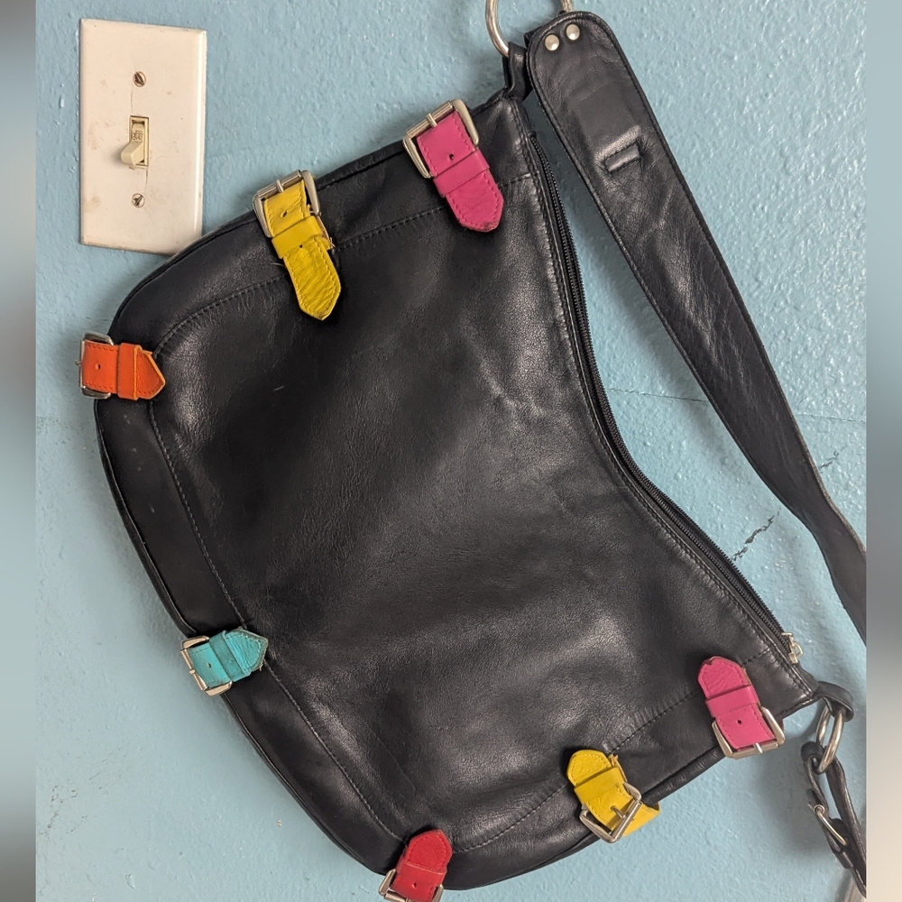 Derge Colorful Buckle Black Leather Shoulder Bag